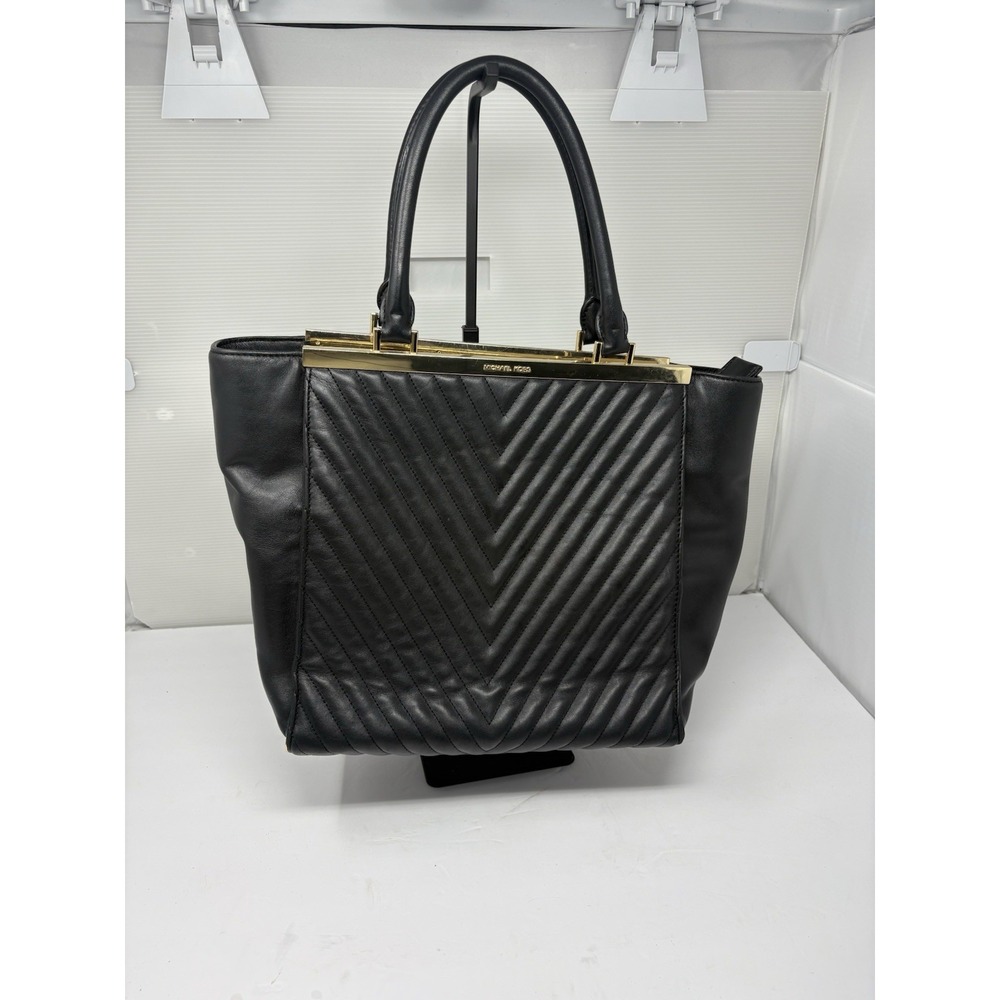 Michael Kors Black Chevron Quilted Leather Tote Satchel Gold Hardware Large